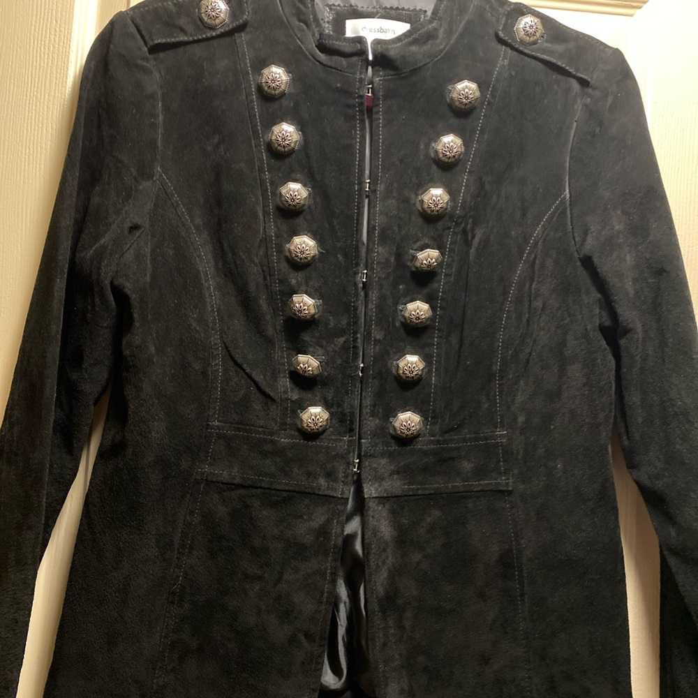 dressbarn Black Suede Military-Inspired Blazer with Decorative Silver Buttons